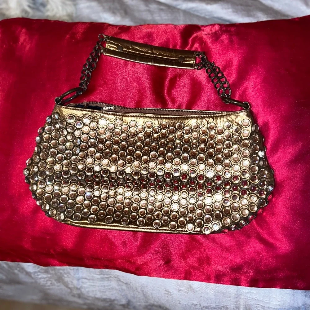 Betsey Johnson Gold Jeweled Shoulder Bag with Red Accents